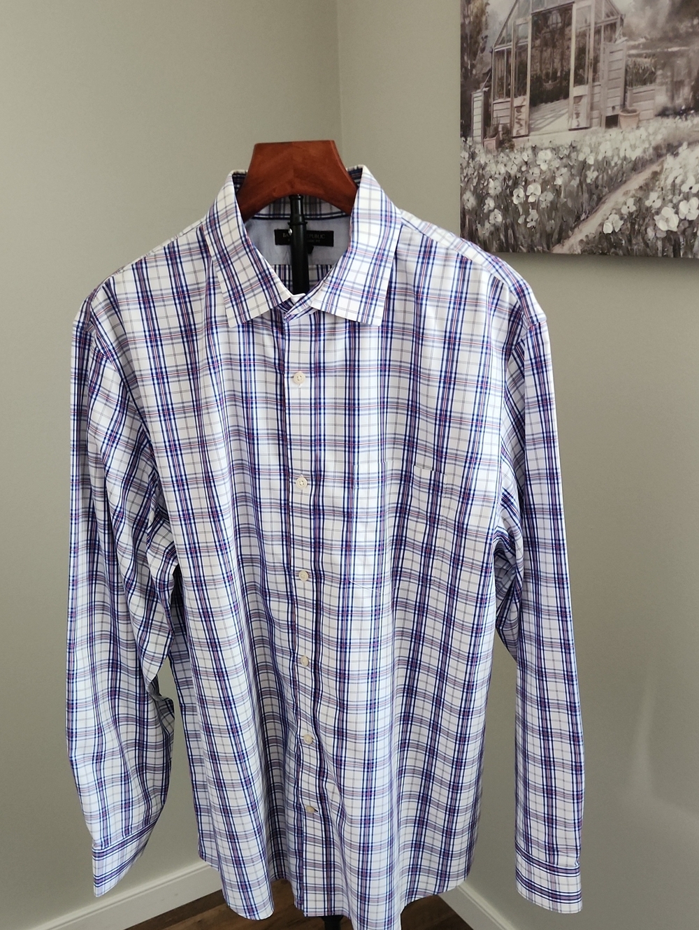 Banana Republic Men's Blue, Red, White Plaid Button Down Non-Iron Shirt XL